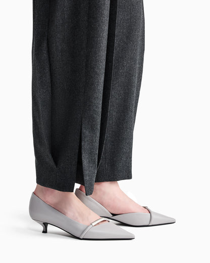 Pointed Toe Leather Pumps with Strap and Low Heel