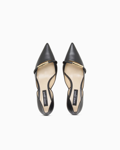 Pointed Toe Leather Pumps with Strap and Low Heel