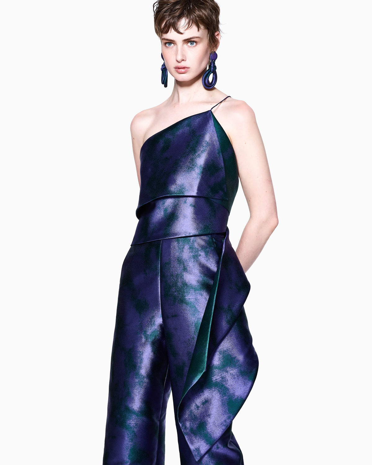 One-shoulder jumpsuit in a two-tone jacquard silk blend
