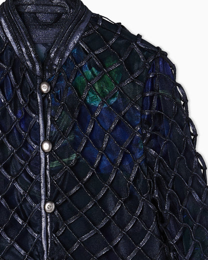 Jacket in iridescent woven nappa leather and printed silk