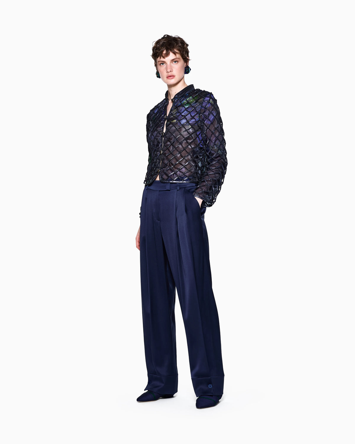 Jacket in iridescent woven nappa leather and printed silk