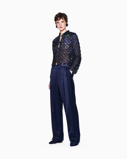 Jacket in iridescent woven nappa leather and printed silk