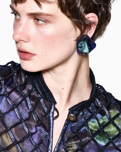 Jacket in iridescent woven nappa leather and printed silk