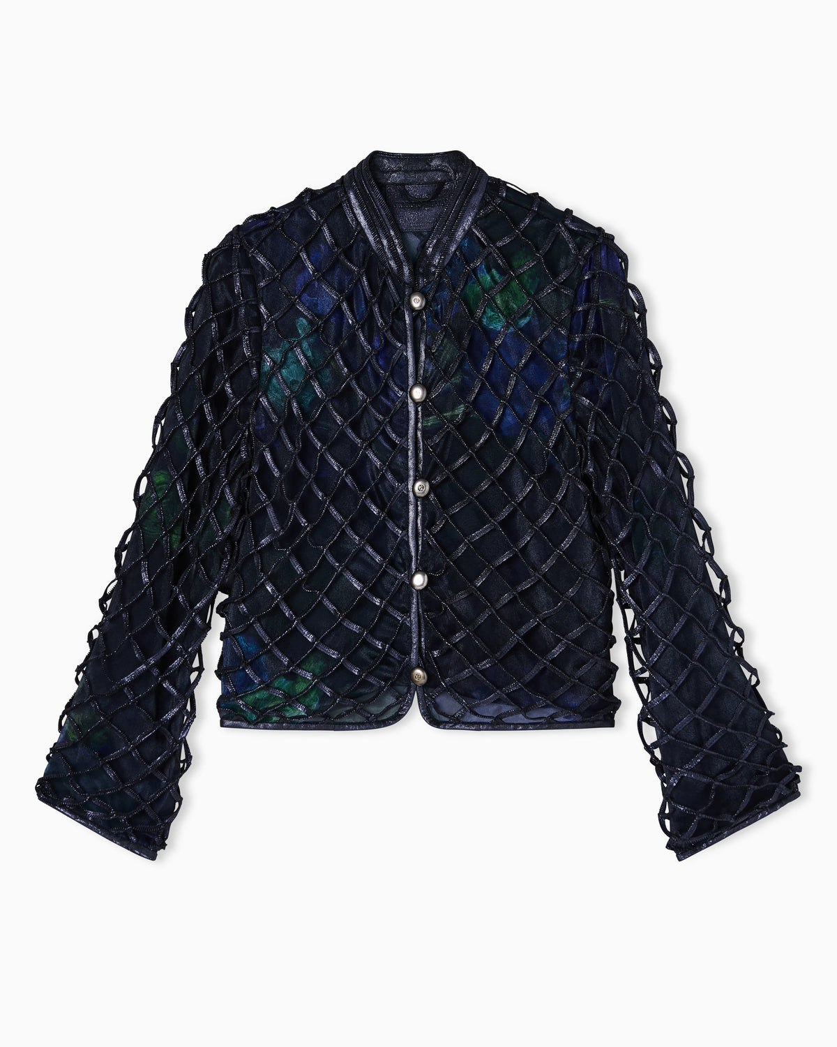 Jacket in iridescent woven nappa leather and printed silk