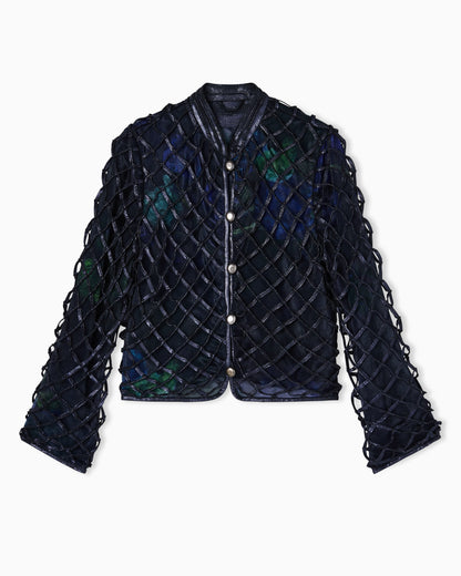 Jacket in iridescent woven nappa leather and printed silk