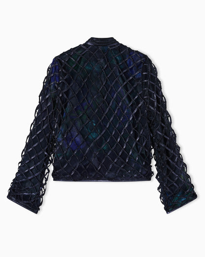 Jacket in iridescent woven nappa leather and printed silk