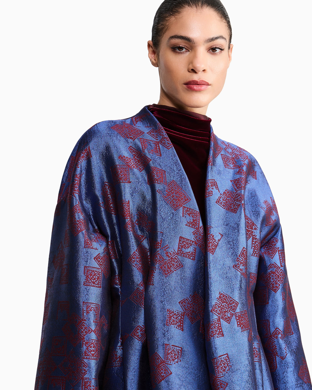 Wool kimono coat with geometric jacquard pattern