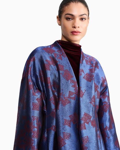 Wool kimono coat with geometric jacquard pattern