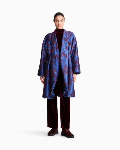 Wool kimono coat with geometric jacquard pattern