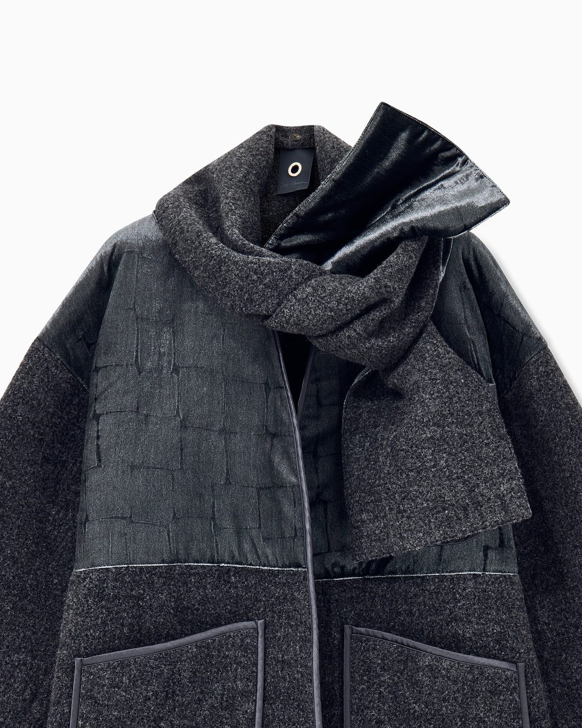Unlined patchwork wool coat with scarf collar
