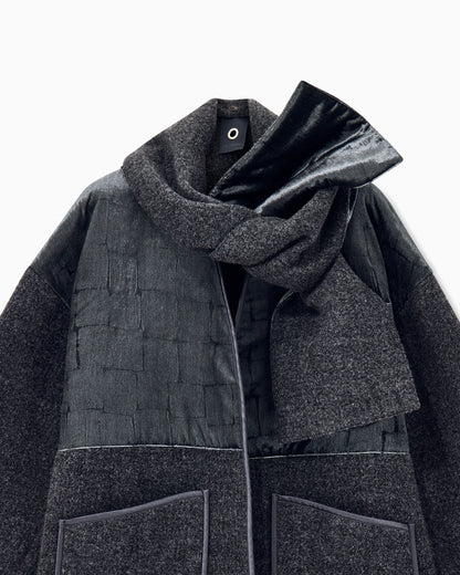 Unlined patchwork wool coat with scarf collar