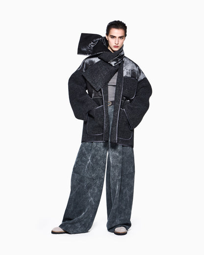 Unlined patchwork wool coat with scarf collar