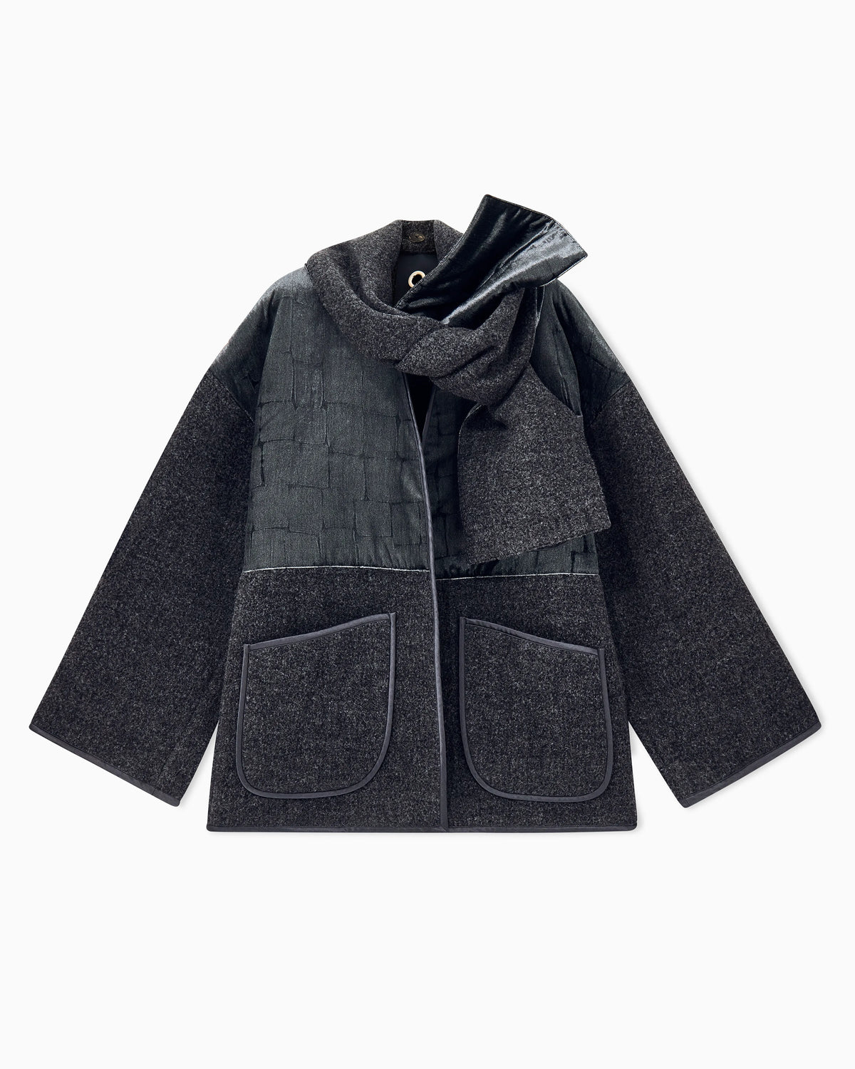 Unlined patchwork wool coat with scarf collar