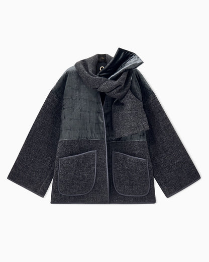 Unlined patchwork wool coat with scarf collar
