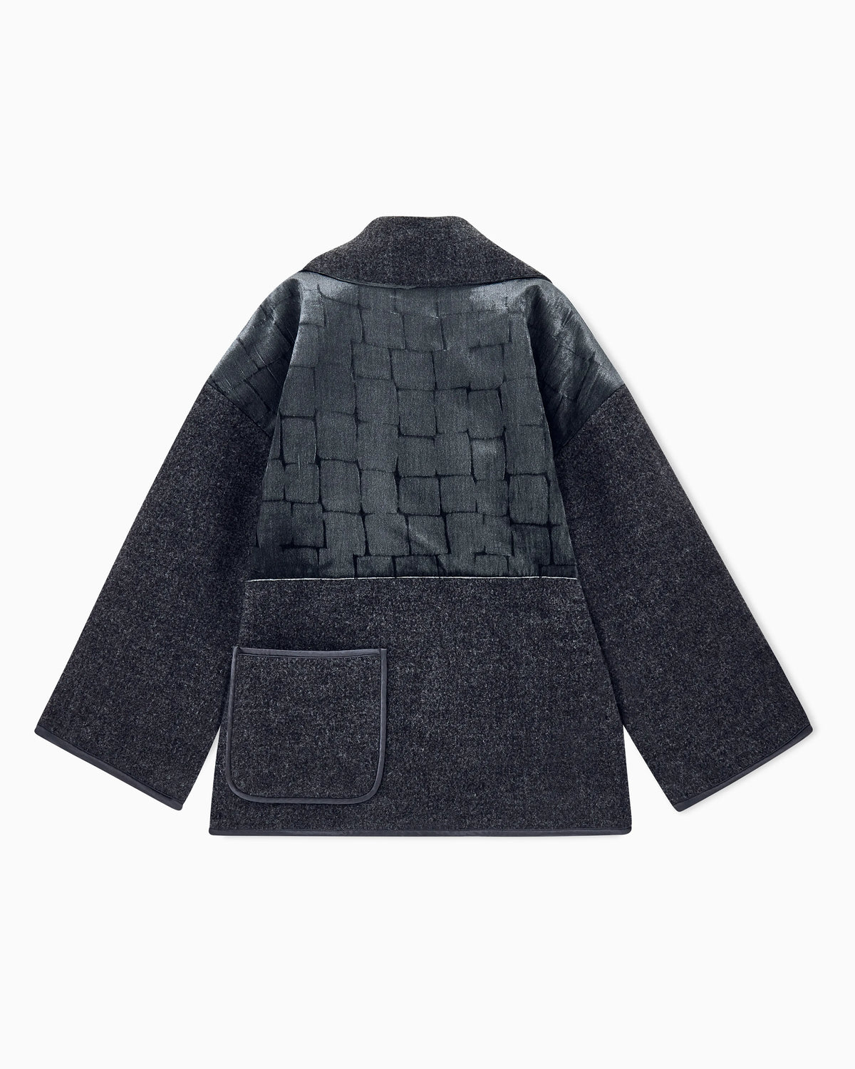 Unlined patchwork wool coat with scarf collar