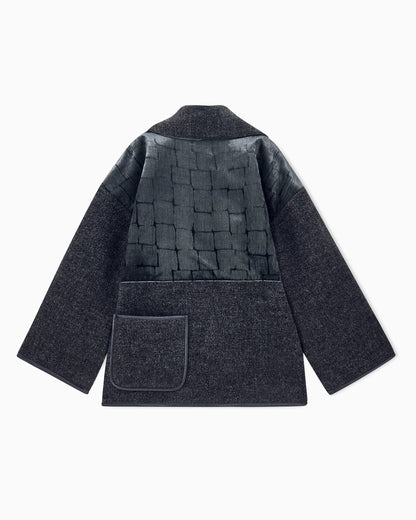 Unlined patchwork wool coat with scarf collar