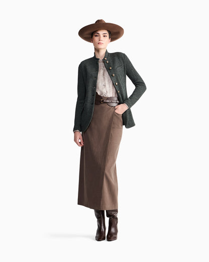 Long wrap skirt in washed silk and wool with a patch pocket