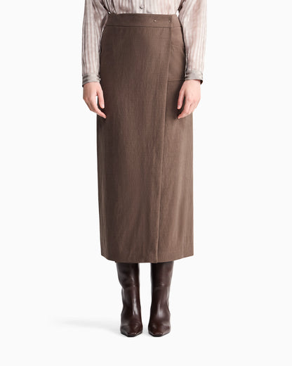 Long wrap skirt in washed silk and wool with a patch pocket