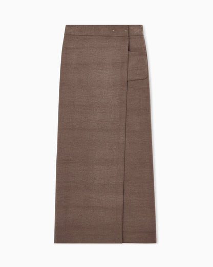 Long wrap skirt in washed silk and wool with a patch pocket