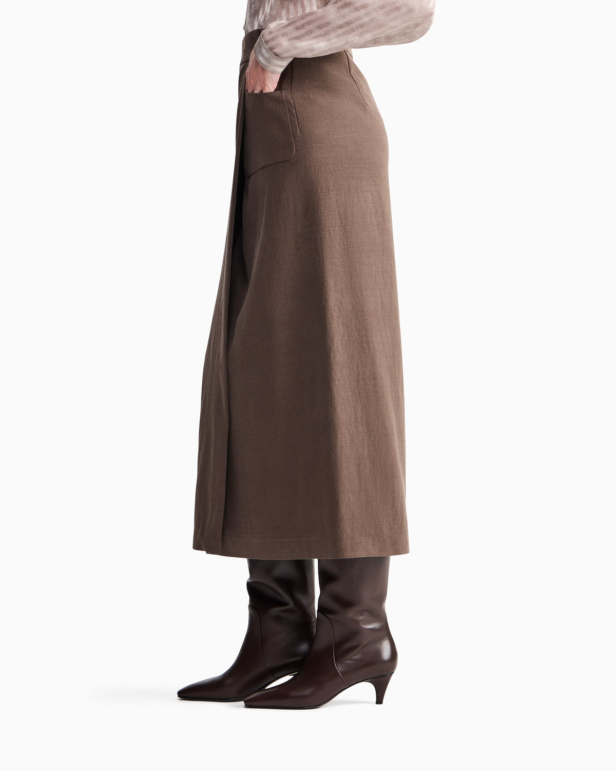 Long wrap skirt in washed silk and wool with a patch pocket
