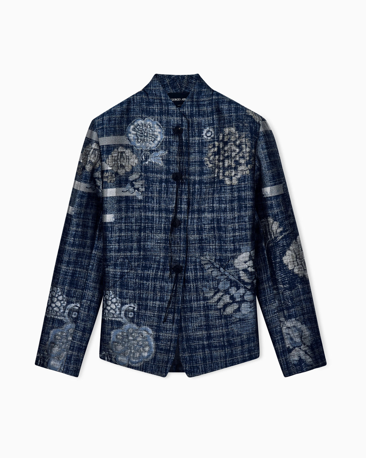 Floral jacquard blazer with a guru collar and tassel button