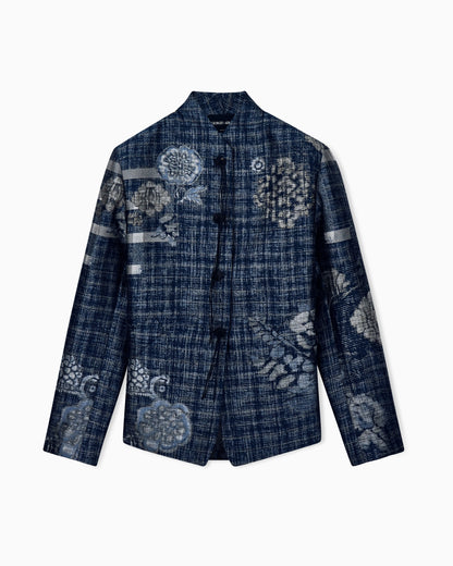 Floral jacquard blazer with a guru collar and tassel button