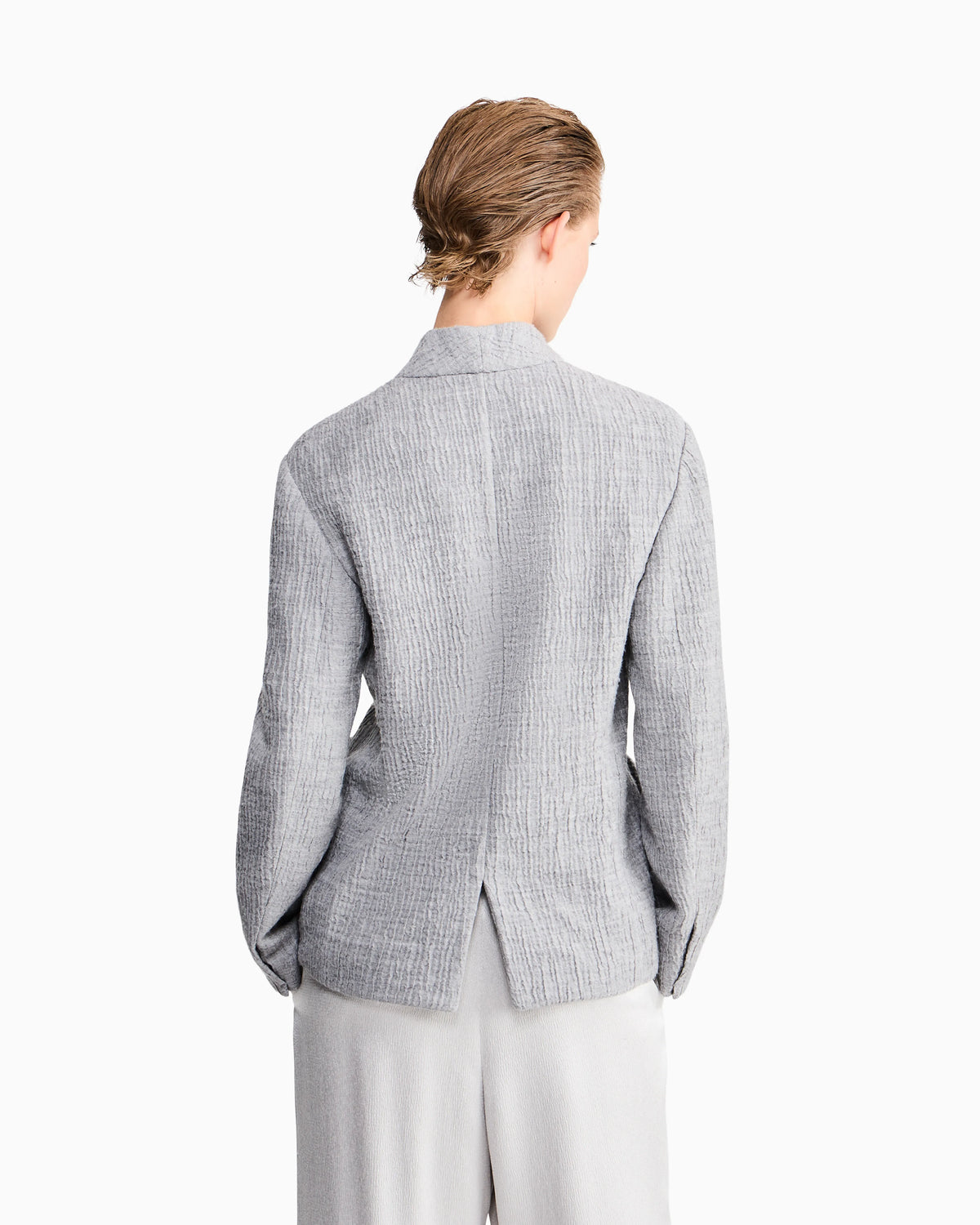 Regular fit guru collar jacket in wool and silk seersucker