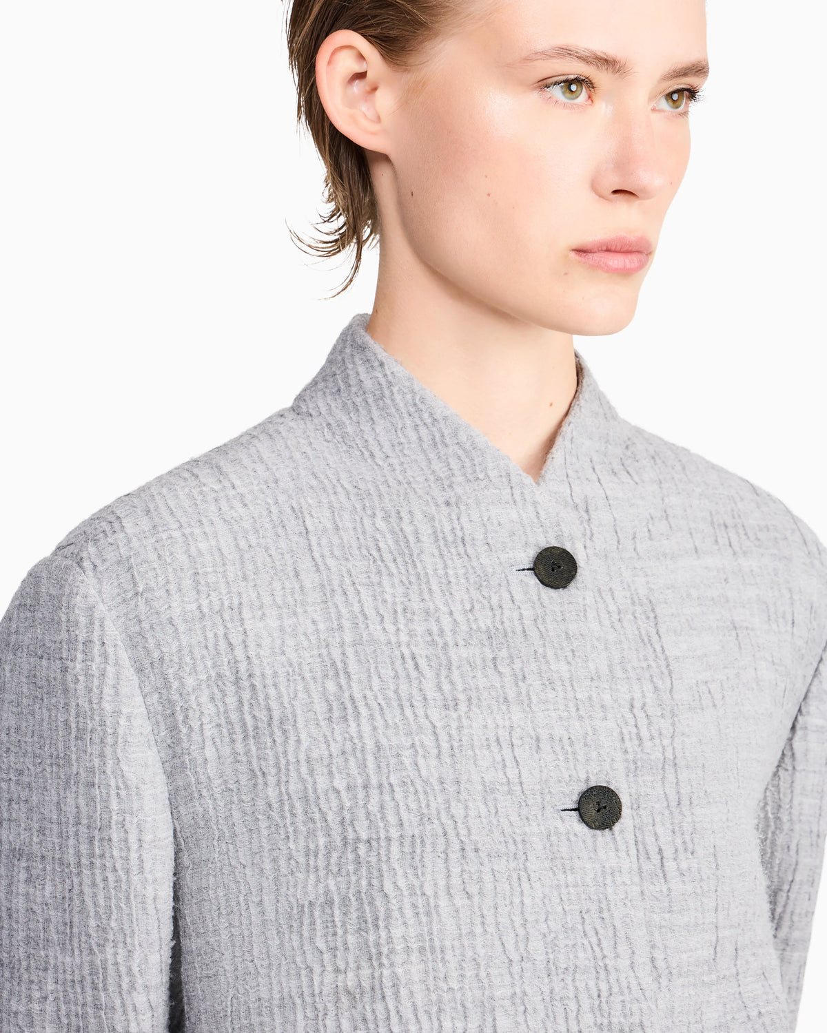 Regular fit guru collar jacket in wool and silk seersucker