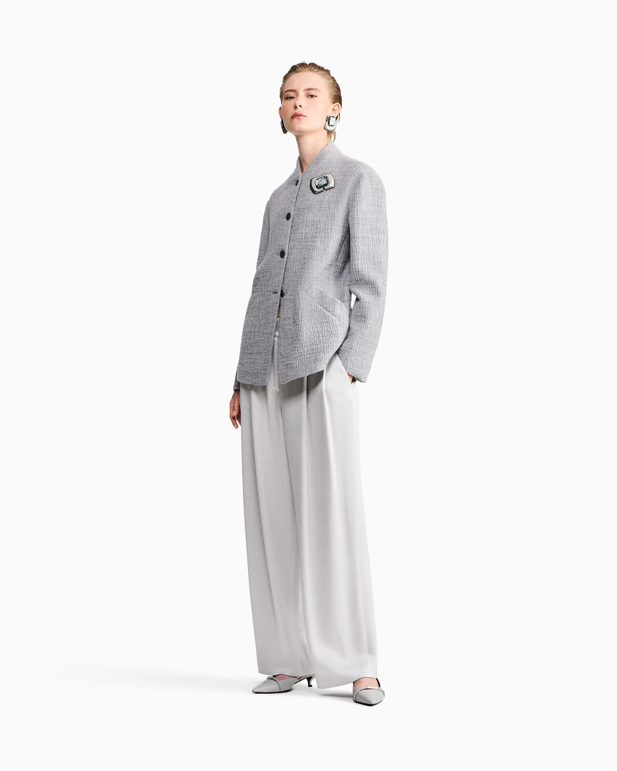 Regular fit guru collar jacket in wool and silk seersucker
