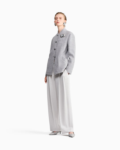 Regular fit guru collar jacket in wool and silk seersucker