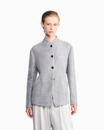 Regular fit guru collar jacket in wool and silk seersucker