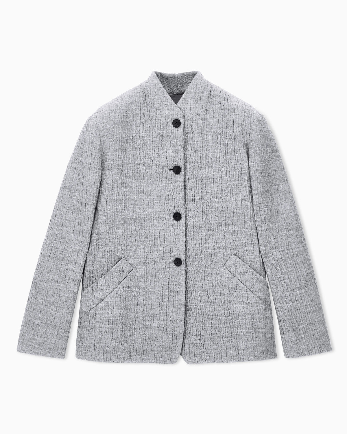 Regular fit guru collar jacket in wool and silk seersucker