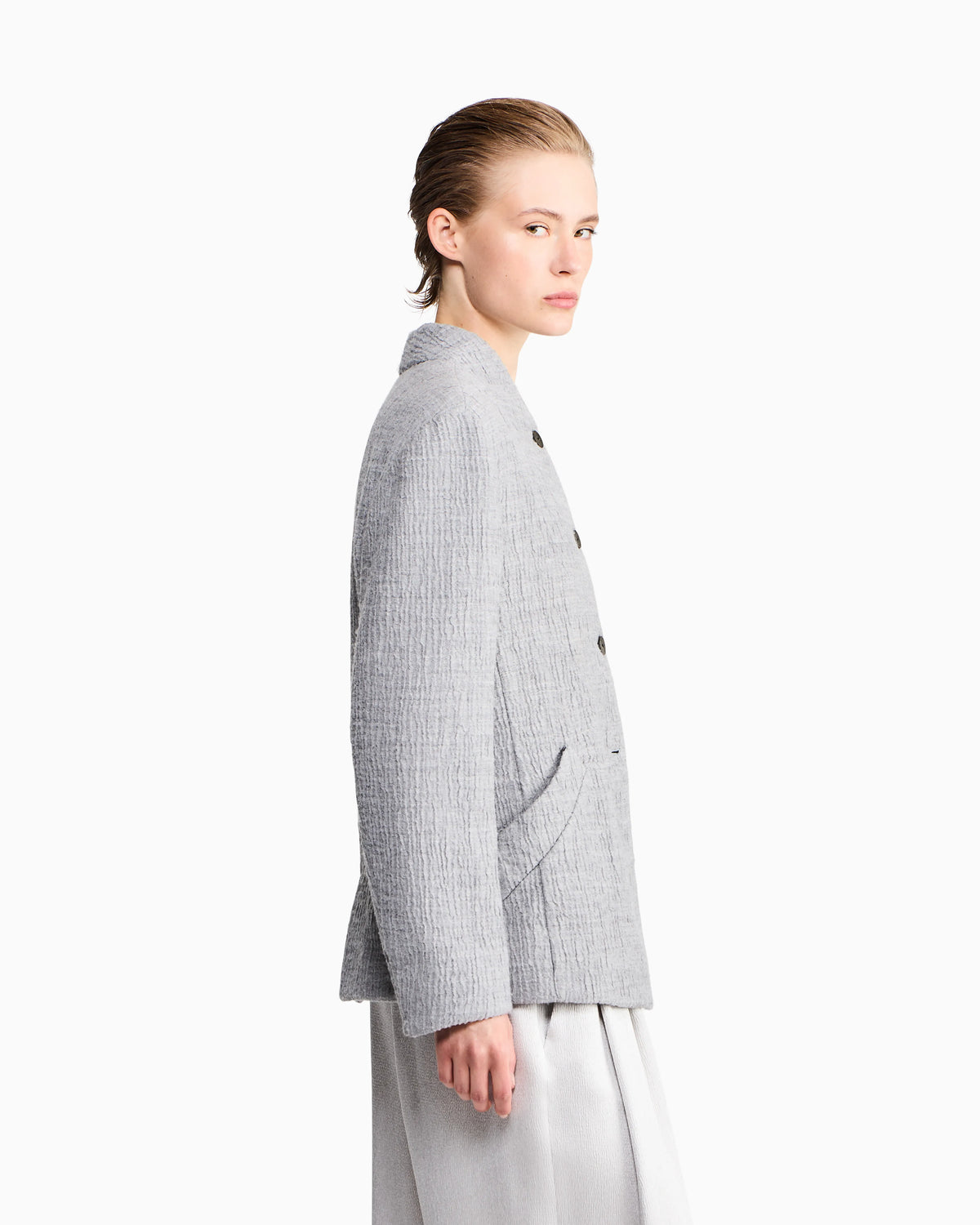 Regular fit guru collar jacket in wool and silk seersucker