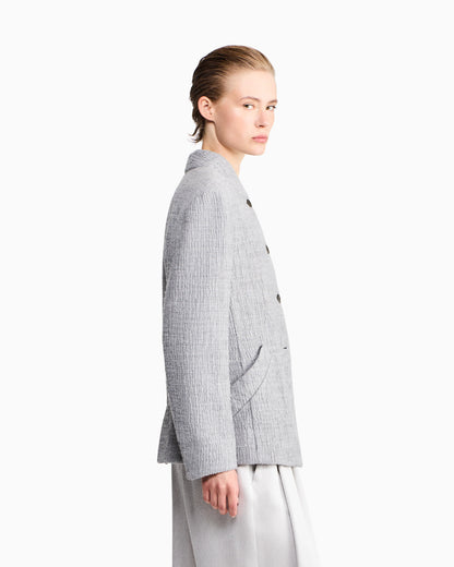 Regular fit guru collar jacket in wool and silk seersucker