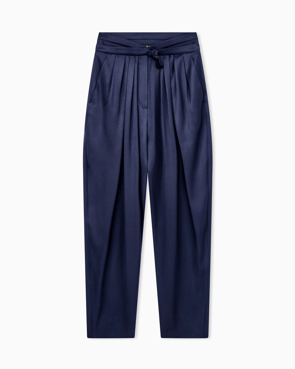 Multi-pleated trousers in silk satin with a waistband knot