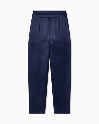 Multi-pleated trousers in silk satin with a waistband knot