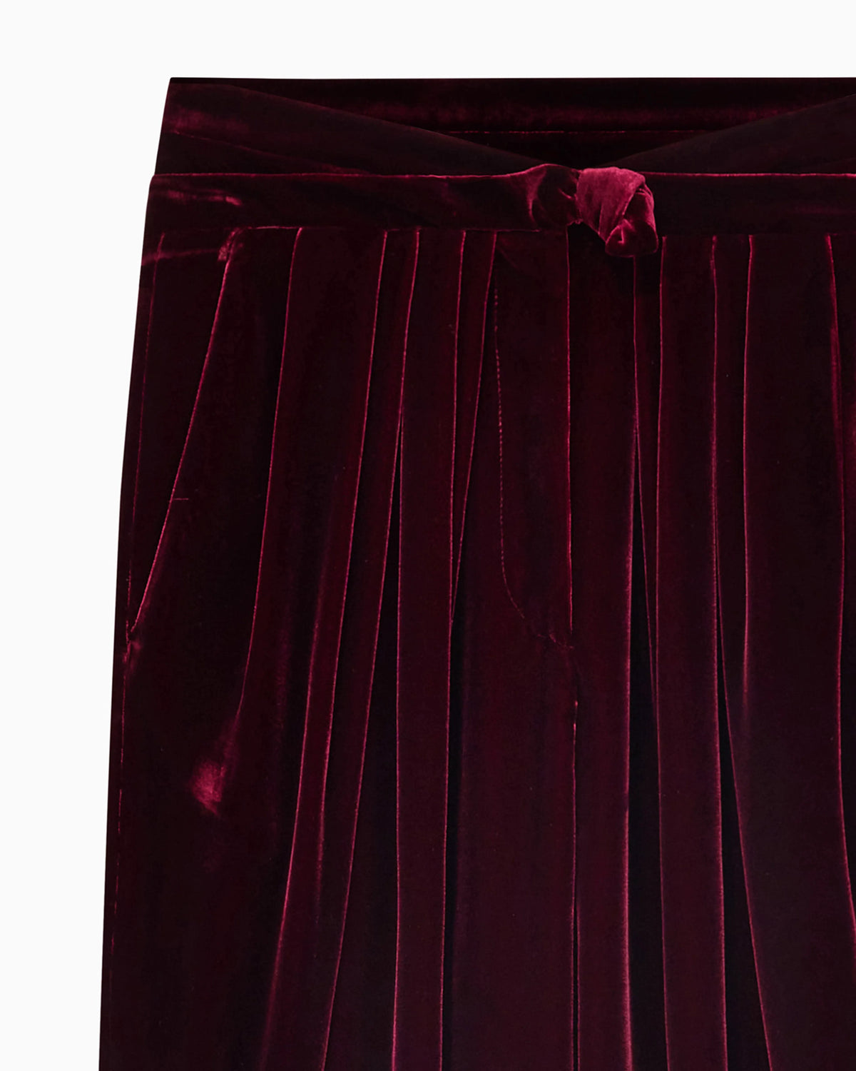 Pleated trousers in silk velvet with waistband knot detail