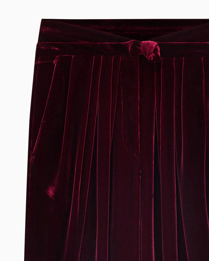 Pleated trousers in silk velvet with waistband knot detail