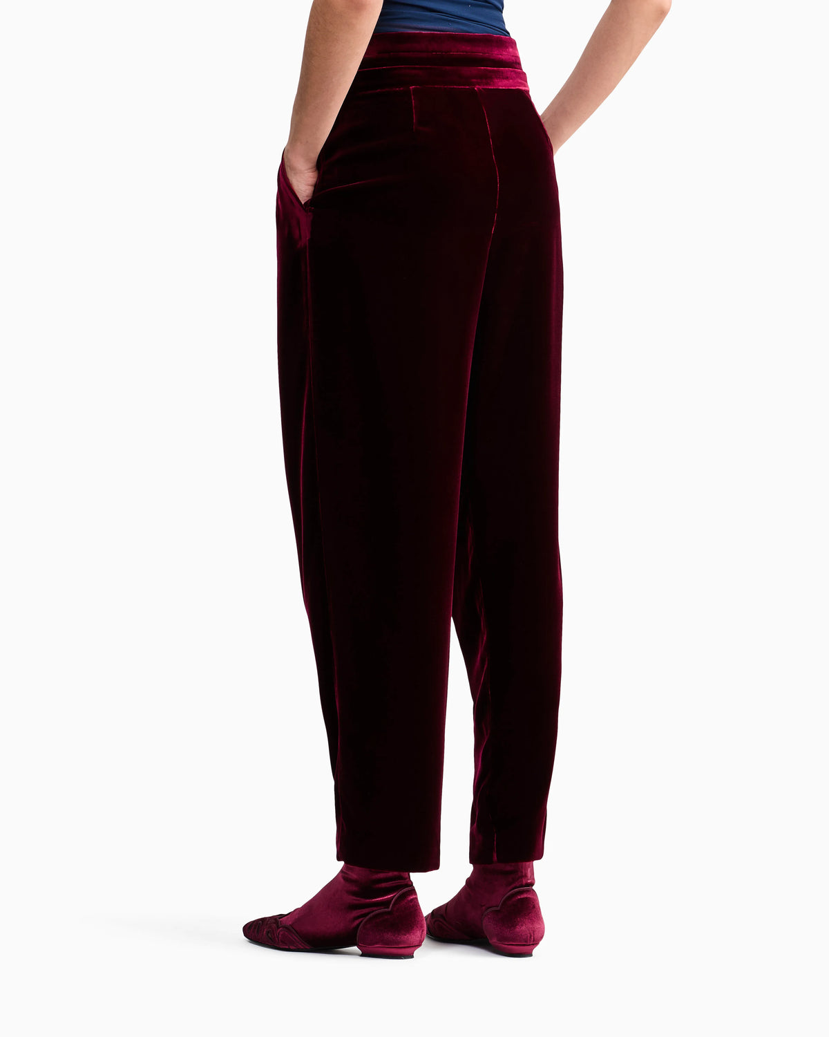 Pleated trousers in silk velvet with waistband knot detail