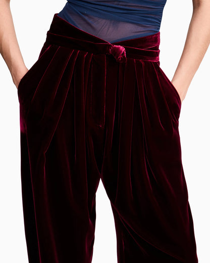 Pleated trousers in silk velvet with waistband knot detail