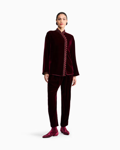 Pleated trousers in silk velvet with waistband knot detail