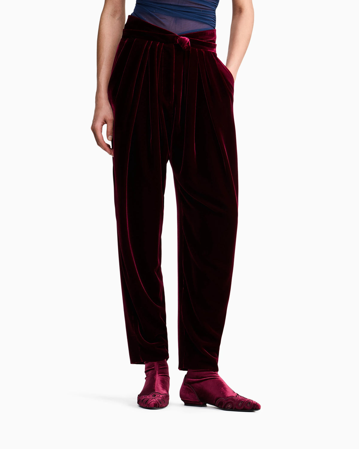 Pleated trousers in silk velvet with waistband knot detail