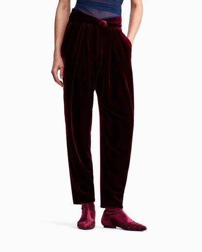 Pleated trousers in silk velvet with waistband knot detail