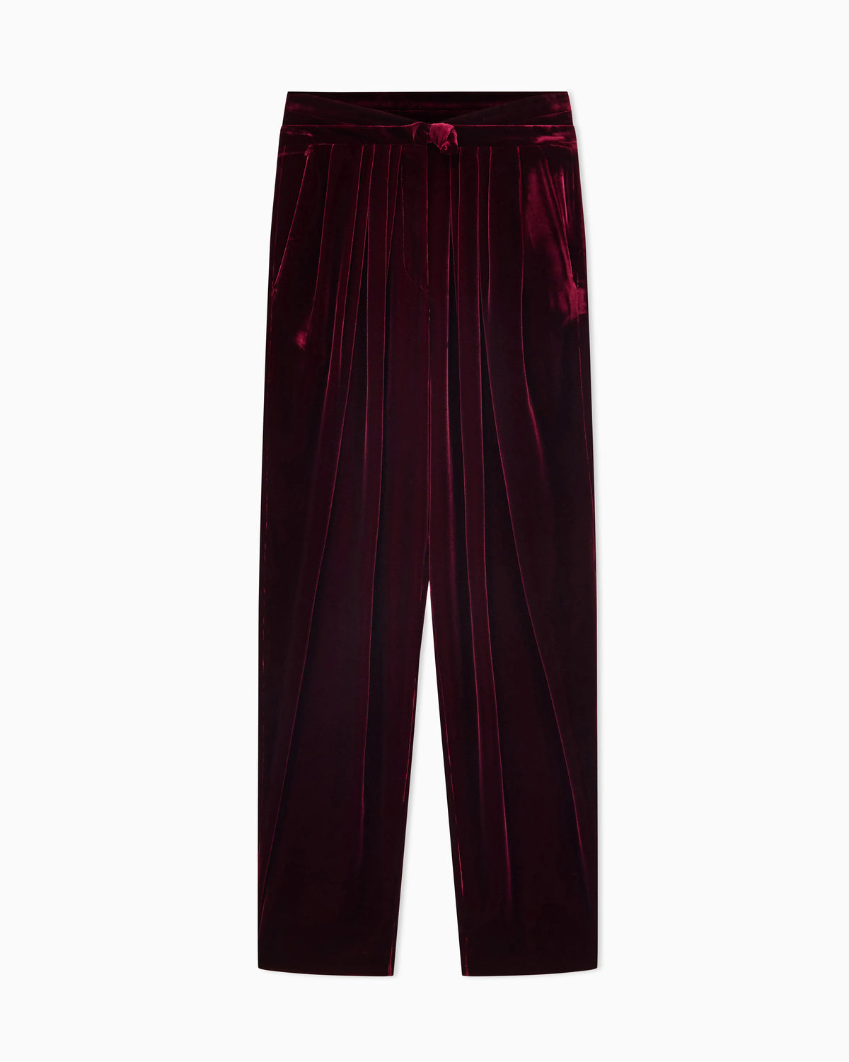 Pleated trousers in silk velvet with waistband knot detail