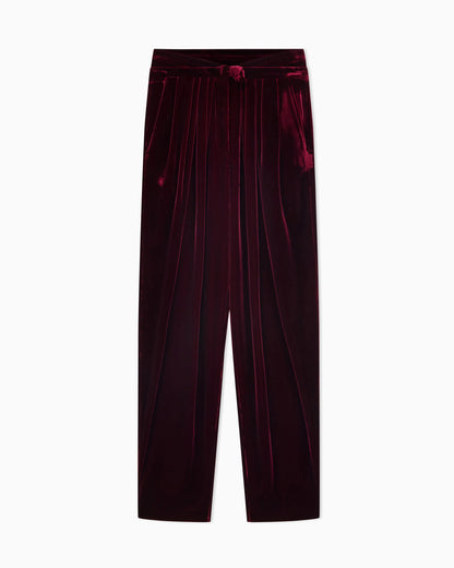 Pleated trousers in silk velvet with waistband knot detail