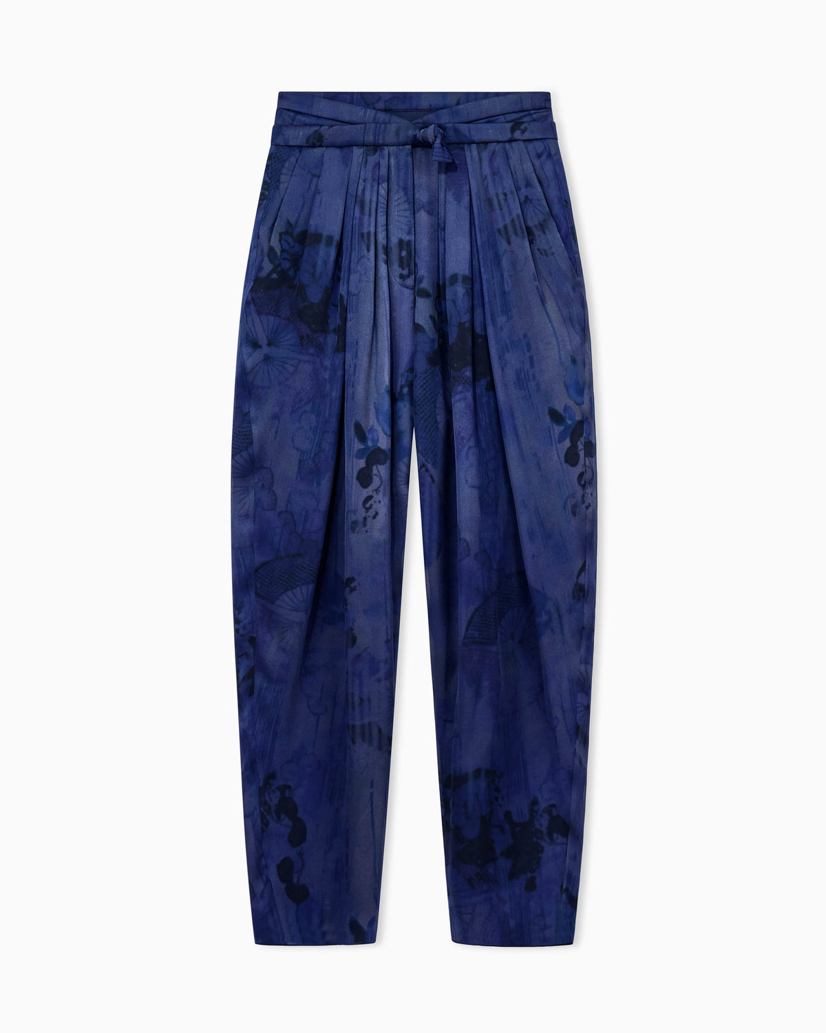 Multi-pleated trousers in printed silk charmeuse with knot