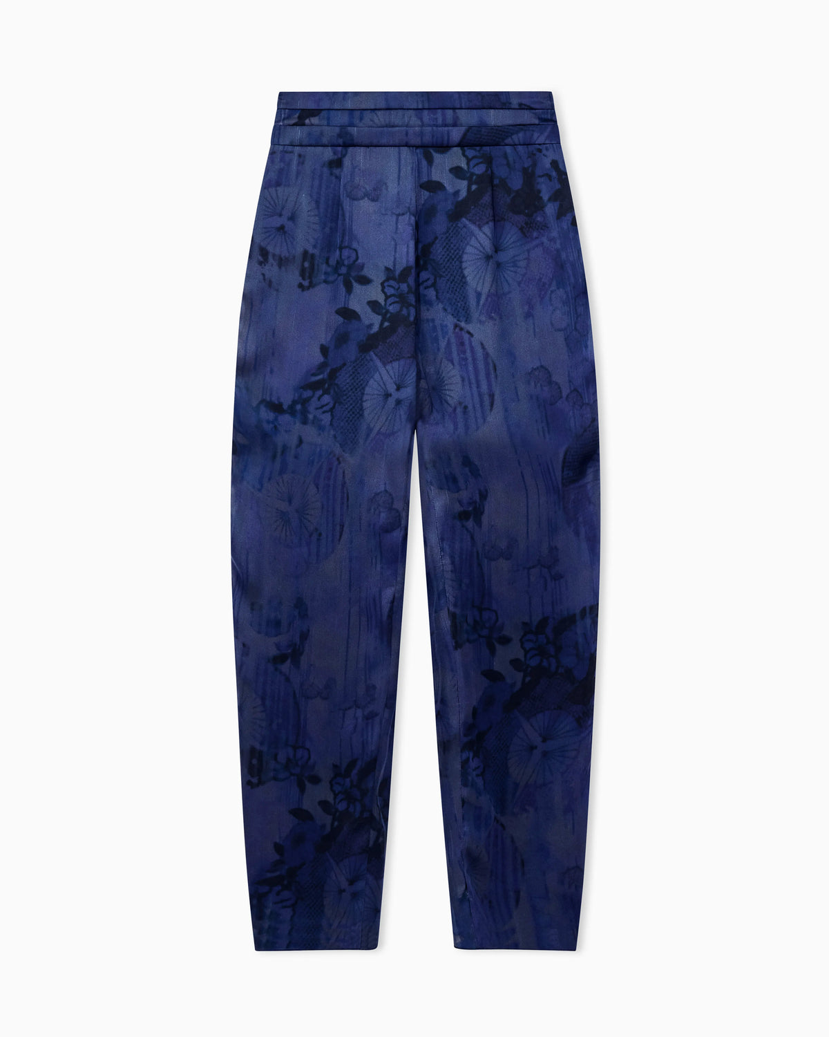 Multi-pleated trousers in printed silk charmeuse with knot
