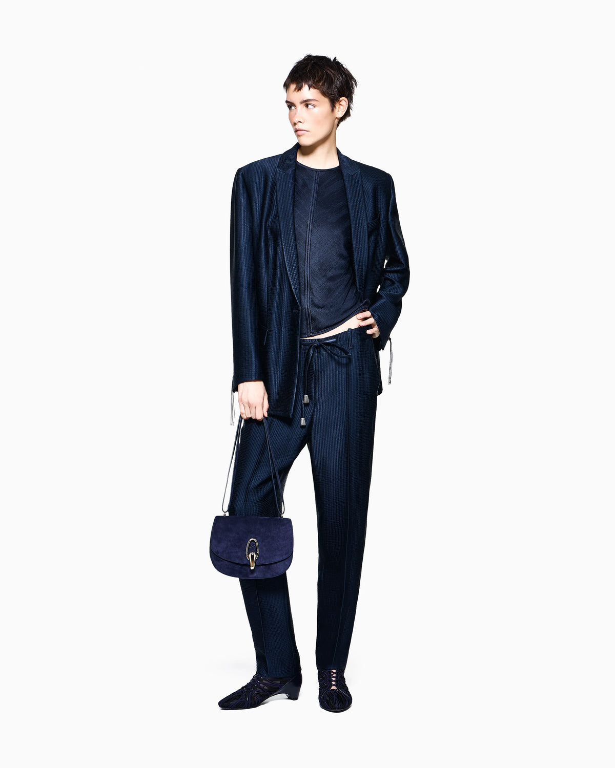 Trousers in textured viscose and wool with drawstring