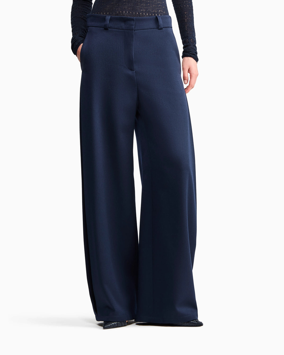 Flat front tuxedo wool trousers with a hidden side pleat