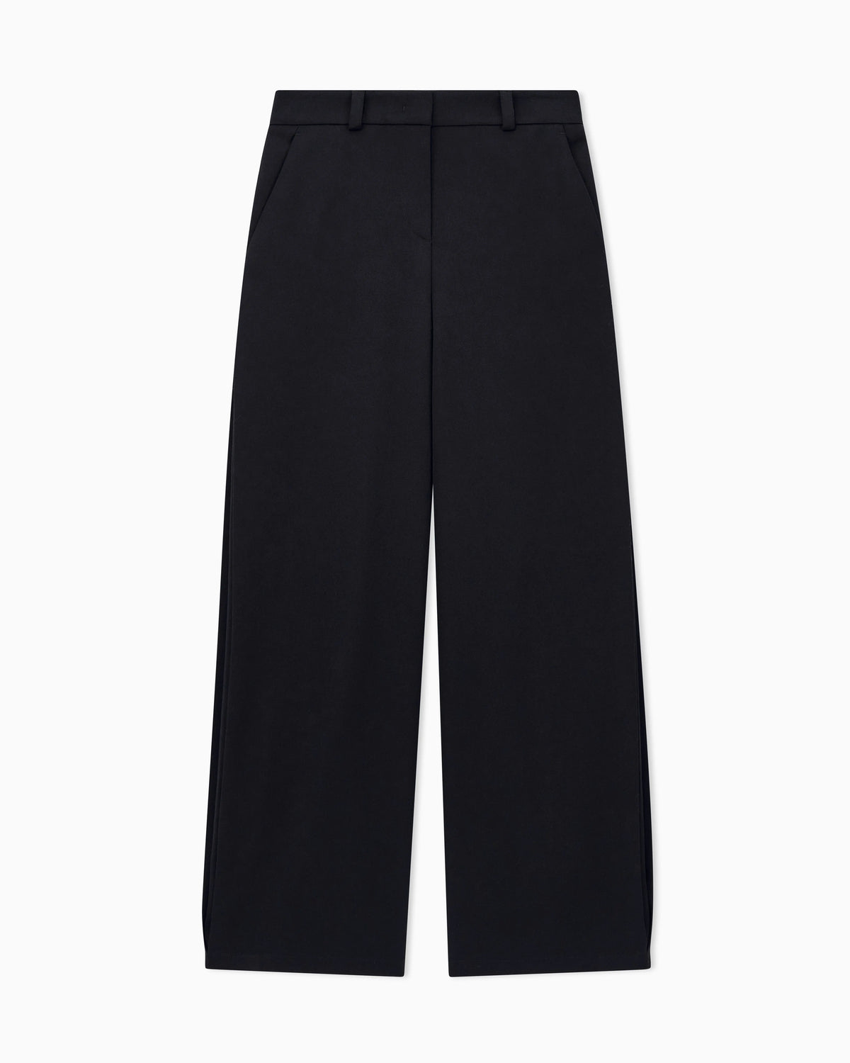 Flat front tuxedo wool trousers with a hidden side pleat